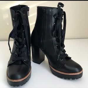 Chelsea & Violet Lexie Black Leather Tall Chunky Combat Heeled Boots Size 6.5